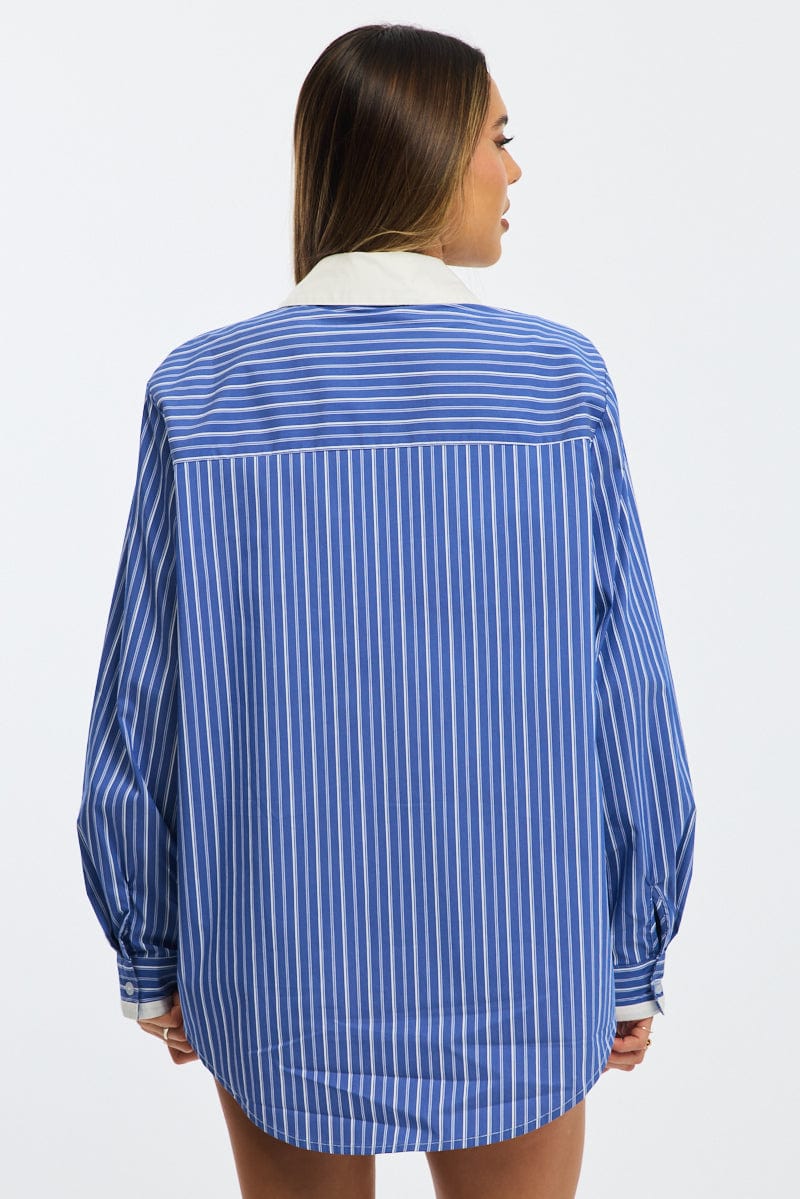 Blue Stripe Oversized Shirt Long Sleeve Collared Button Up for Ally Fashion