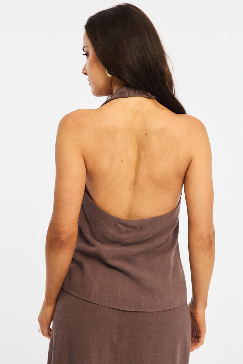 Brown Halter Vest Sleeveless Button Up Linen Blend for Ally Fashion