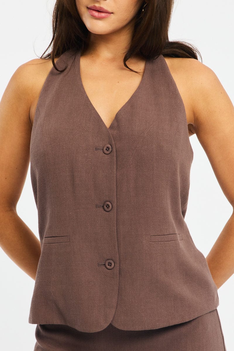Brown Halter Vest Sleeveless Button Up Linen Blend for Ally Fashion