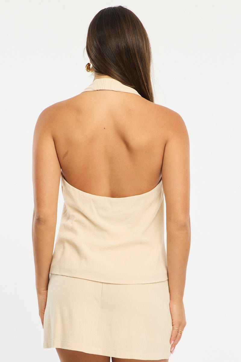 Yellow Halter Vest Sleeveless Button Up Linen Blend for Ally Fashion