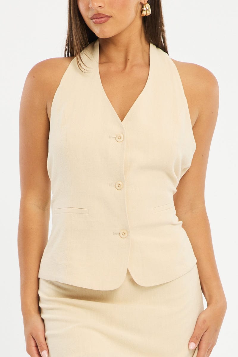 Yellow Halter Vest Sleeveless Button Up Linen Blend for Ally Fashion