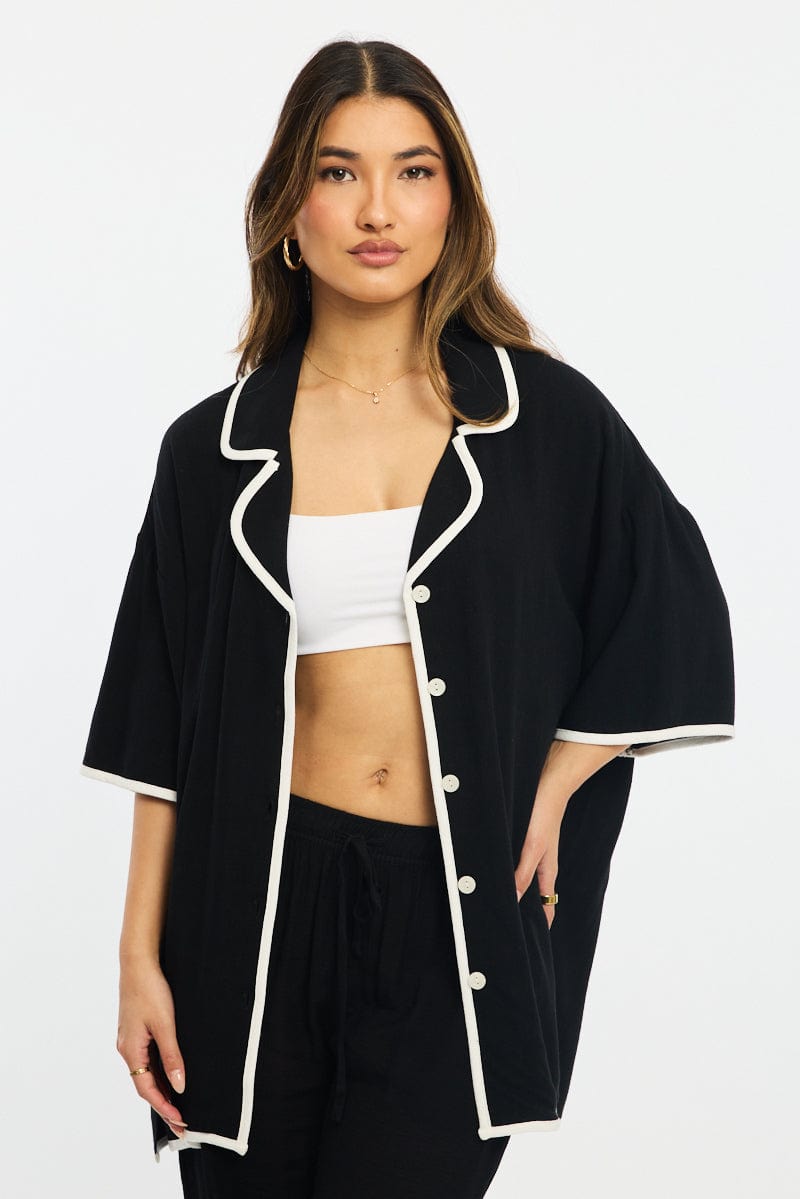 Black Bias Lapel Shirt Short Sleeve Relaxed Linen Blend for Ally Fashion