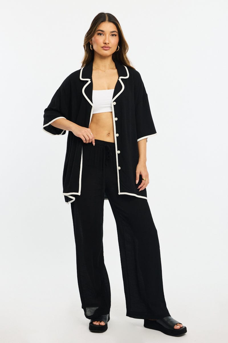 Black Bias Lapel Shirt Short Sleeve Relaxed Linen Blend for Ally Fashion
