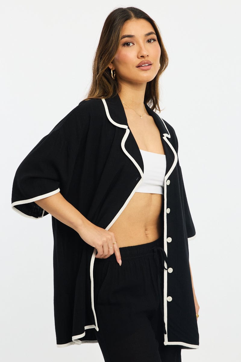 Black Bias Lapel Shirt Short Sleeve Relaxed Linen Blend for Ally Fashion