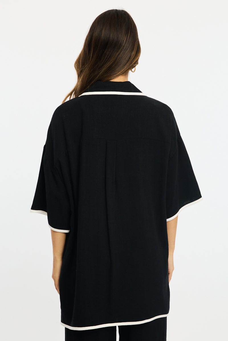 Black Bias Lapel Shirt Short Sleeve Relaxed Linen Blend for Ally Fashion