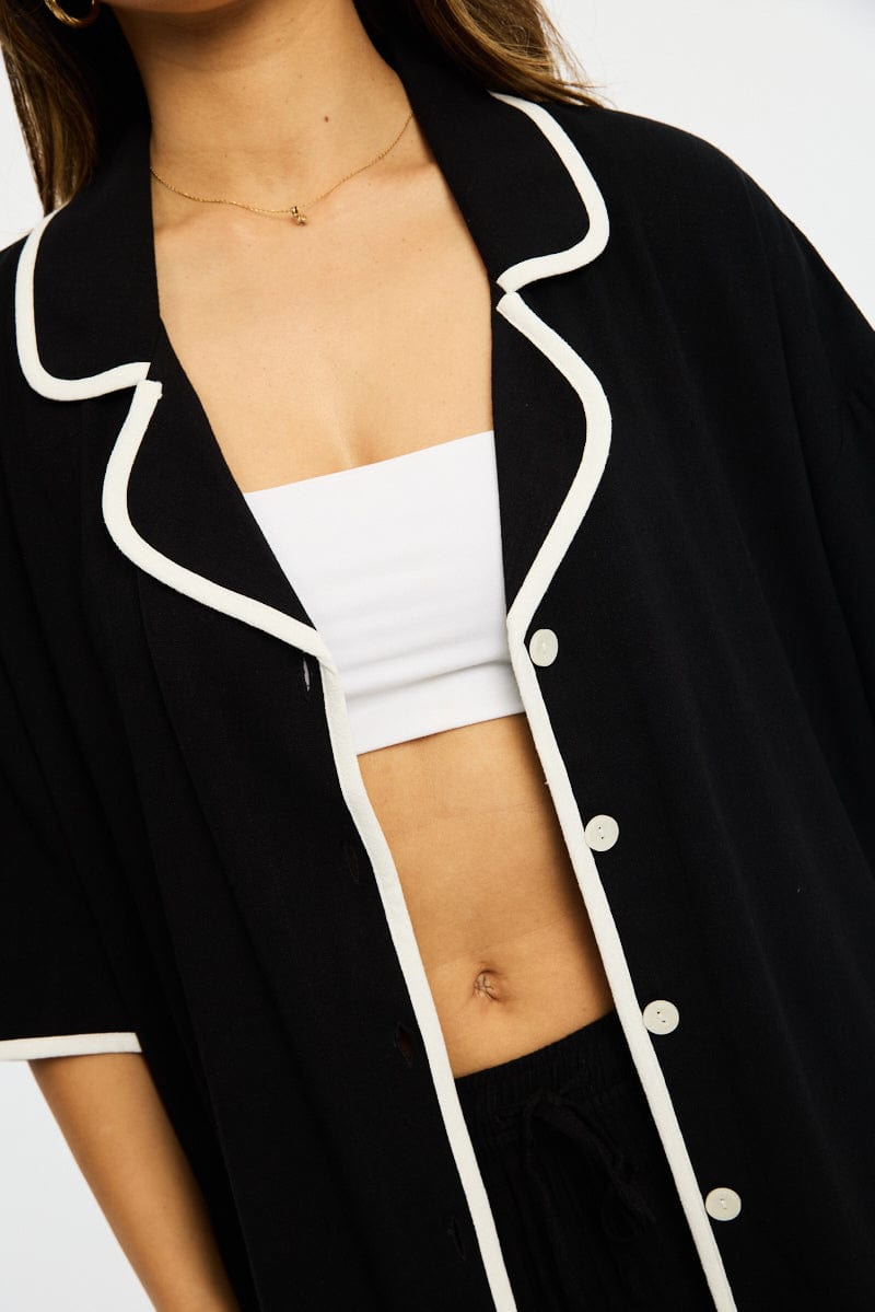 Black Bias Lapel Shirt Short Sleeve Relaxed Linen Blend for Ally Fashion