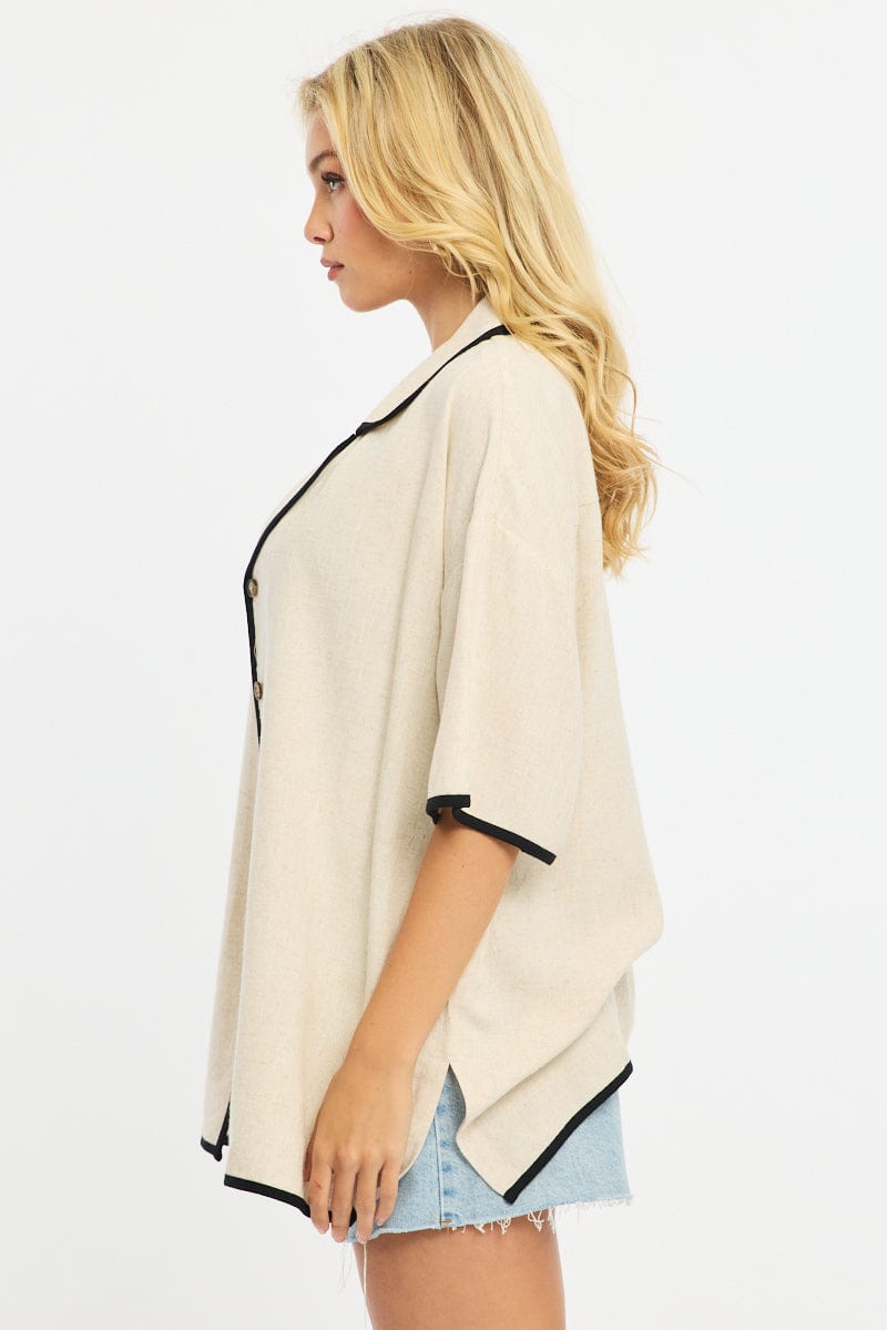 Beige Bias Lapel Shirt Short Sleeve Relaxed Linen Blend for Ally Fashion