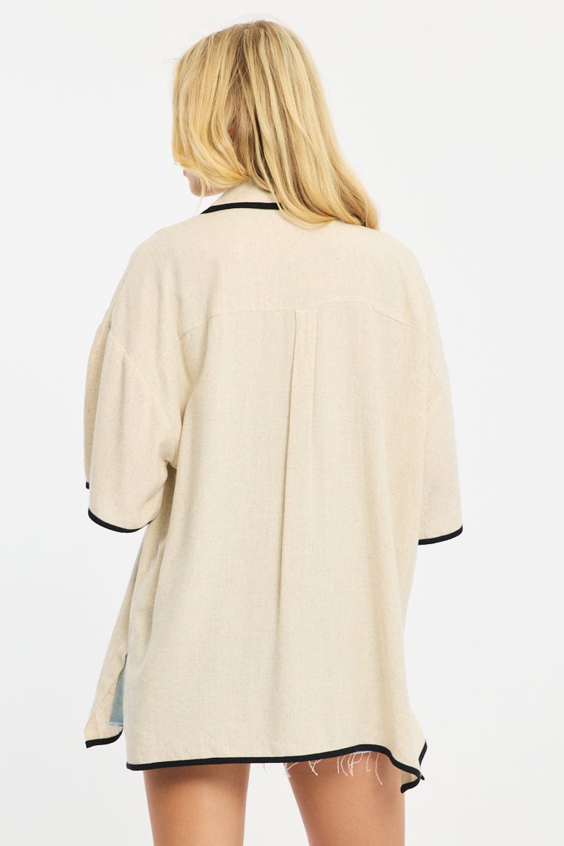 Beige Bias Lapel Shirt Short Sleeve Relaxed Linen Blend for Ally Fashion