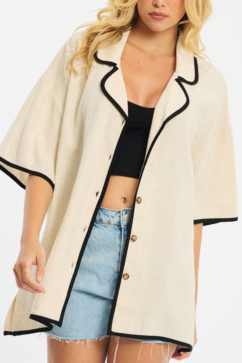 Beige Bias Lapel Shirt Short Sleeve Relaxed Linen Blend for Ally Fashion