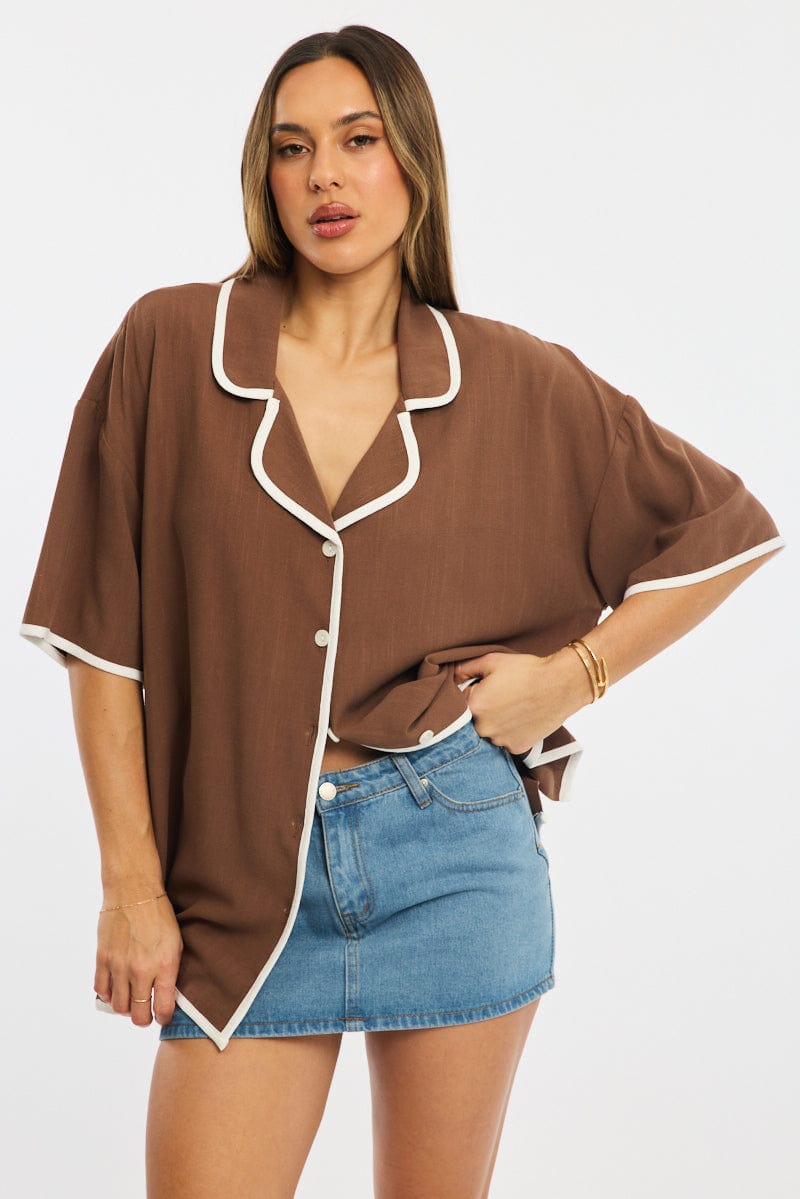 Brown Bias Lapel Shirt Short Sleeve Relaxed Linen Blend for Ally Fashion