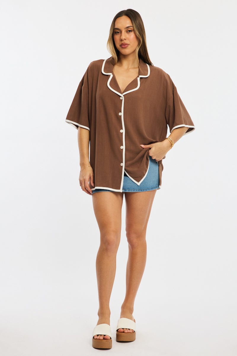 Brown Bias Lapel Shirt Short Sleeve Relaxed Linen Blend for Ally Fashion