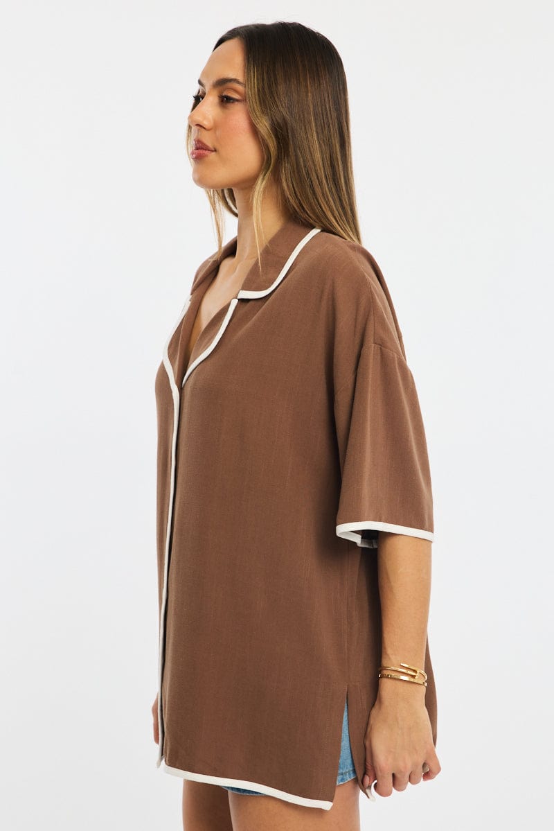 Brown Bias Lapel Shirt Short Sleeve Relaxed Linen Blend for Ally Fashion