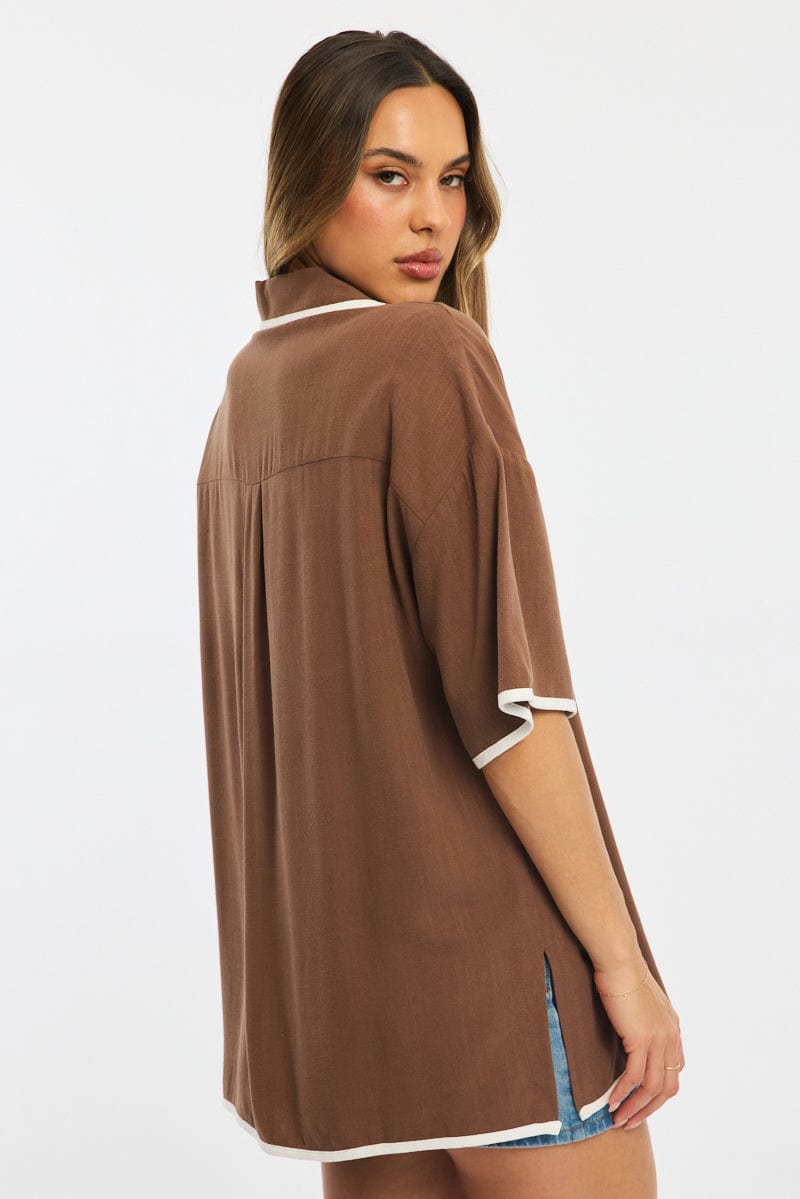 Brown Bias Lapel Shirt Short Sleeve Relaxed Linen Blend for Ally Fashion