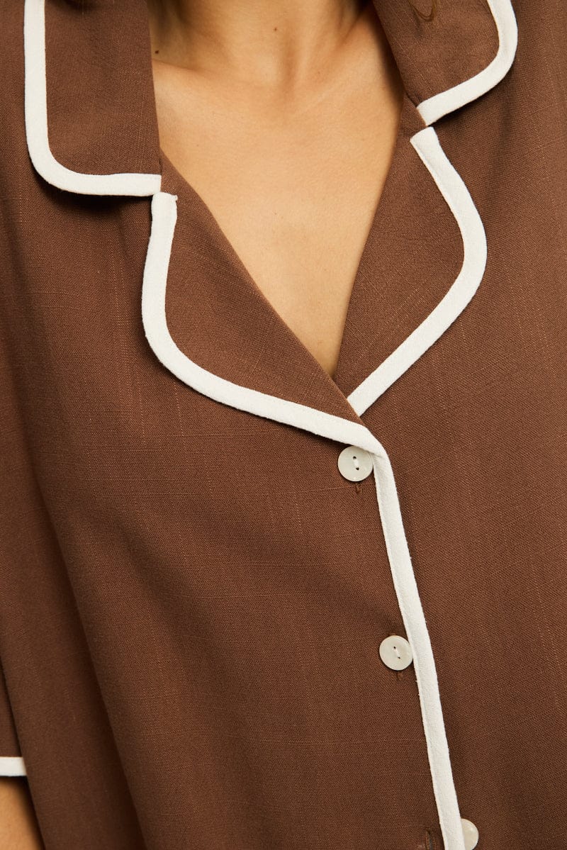 Brown Bias Lapel Shirt Short Sleeve Relaxed Linen Blend for Ally Fashion
