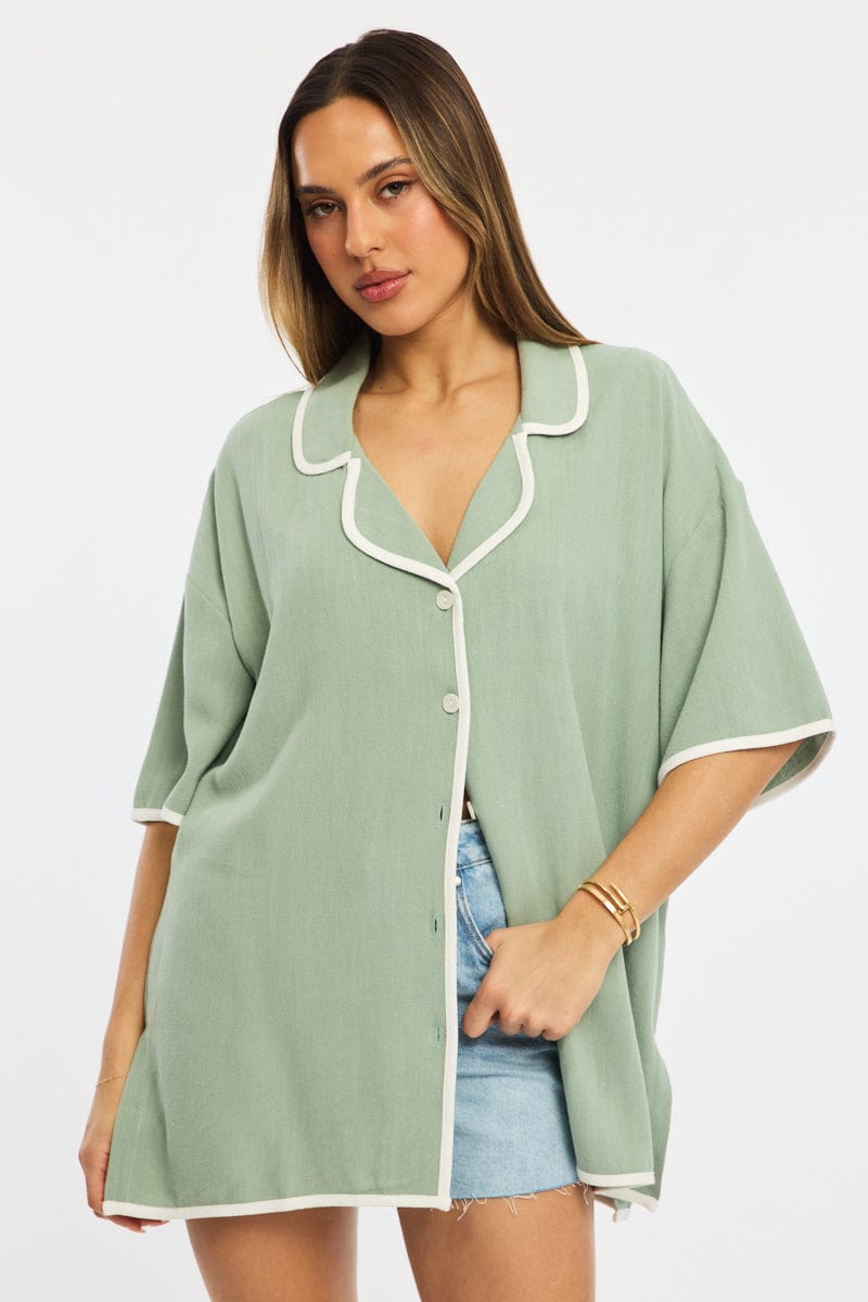 Green Bias Lapel Shirt Short Sleeve Relaxed Linen Blend for Ally Fashion