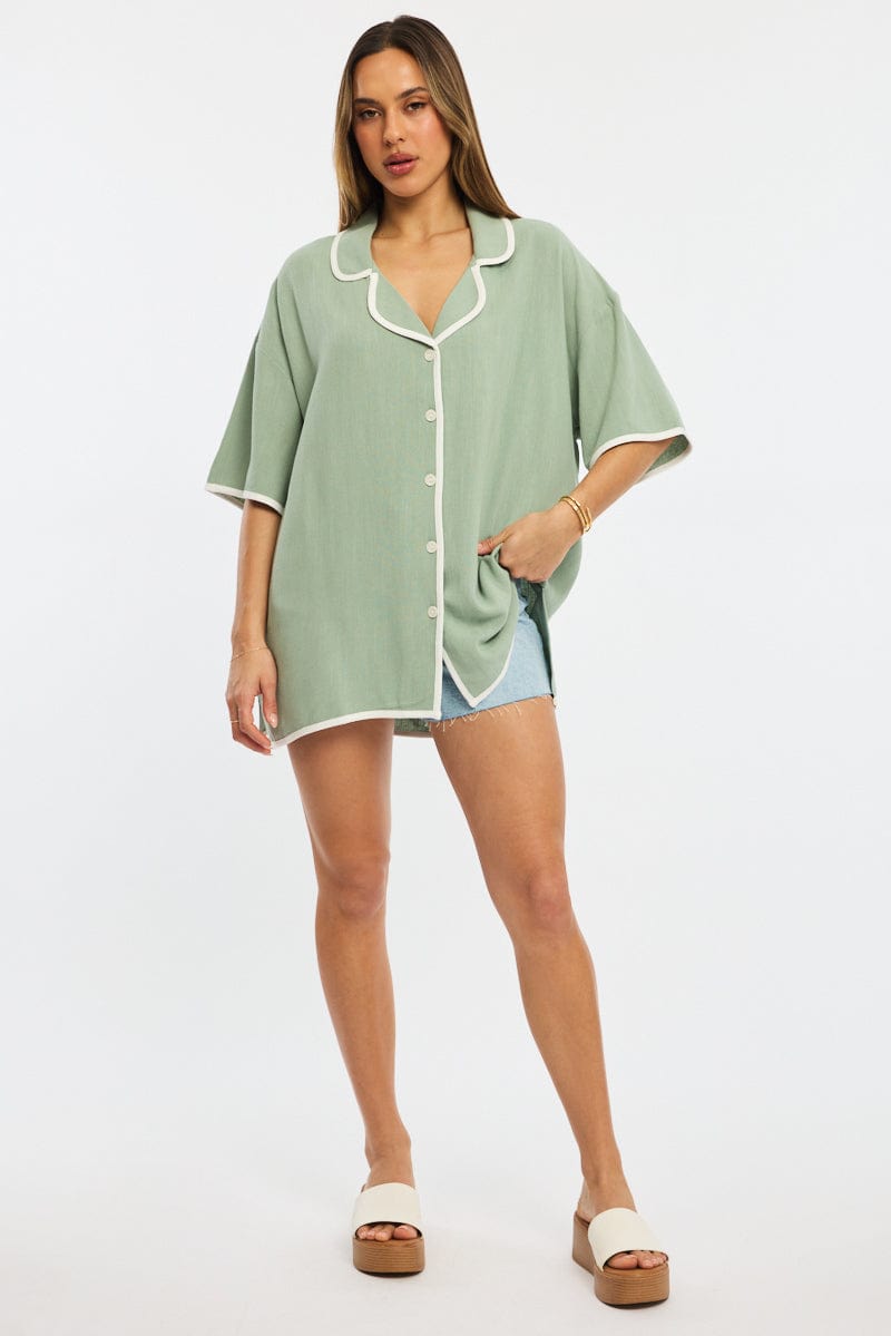 Green Bias Lapel Shirt Short Sleeve Relaxed Linen Blend for Ally Fashion