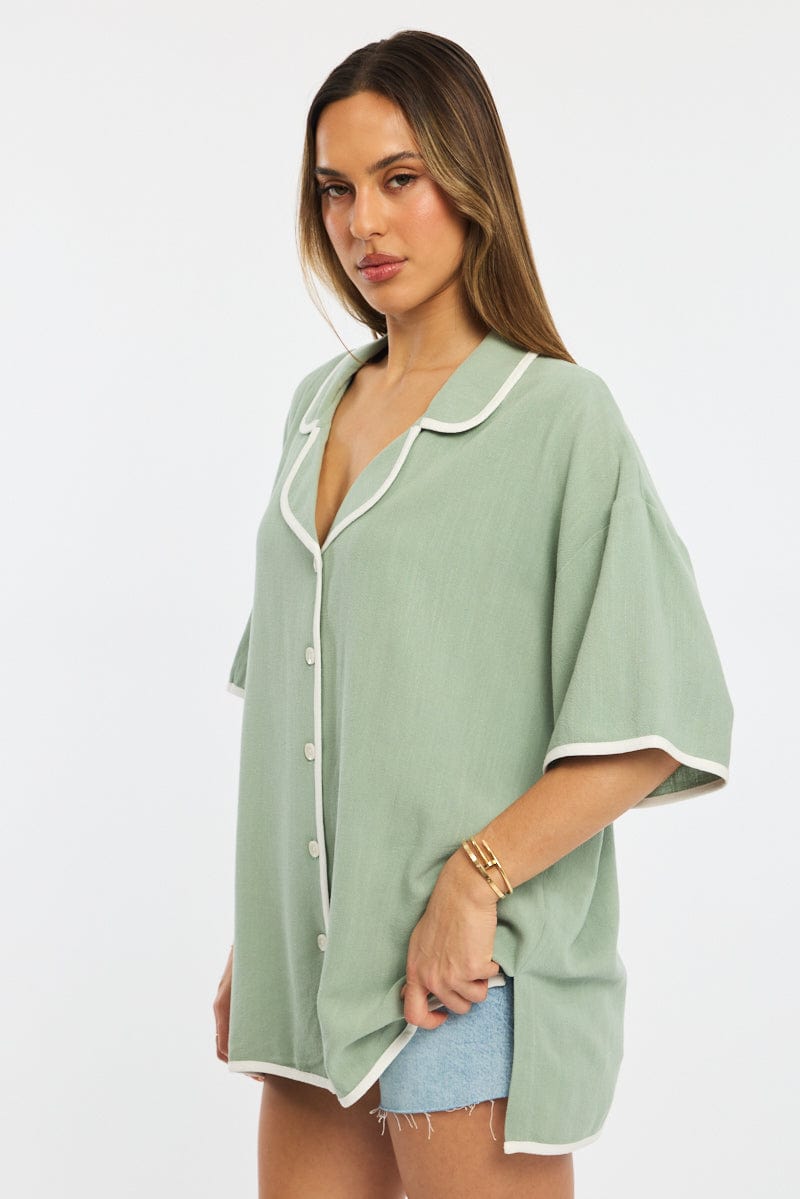 Green Bias Lapel Shirt Short Sleeve Relaxed Linen Blend for Ally Fashion