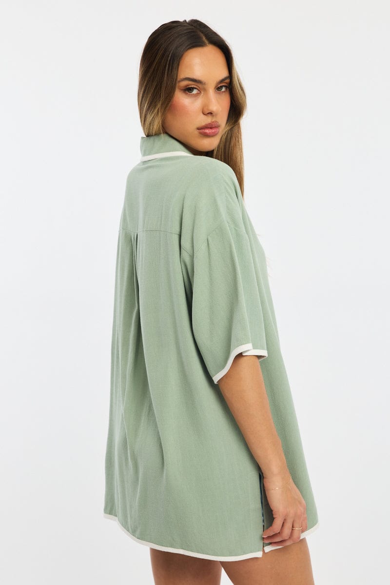 Green Bias Lapel Shirt Short Sleeve Relaxed Linen Blend for Ally Fashion