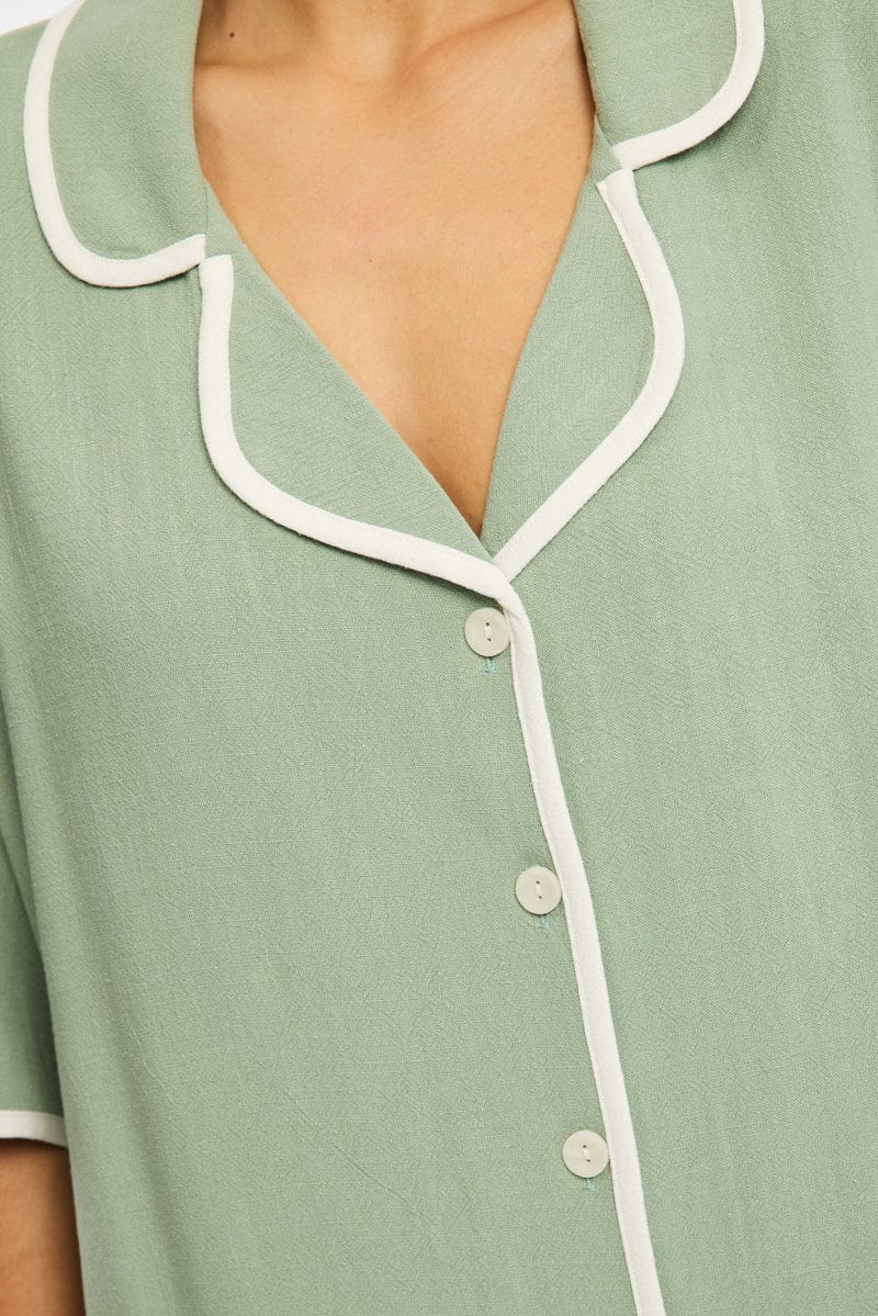 Green Bias Lapel Shirt Short Sleeve Relaxed Linen Blend for Ally Fashion