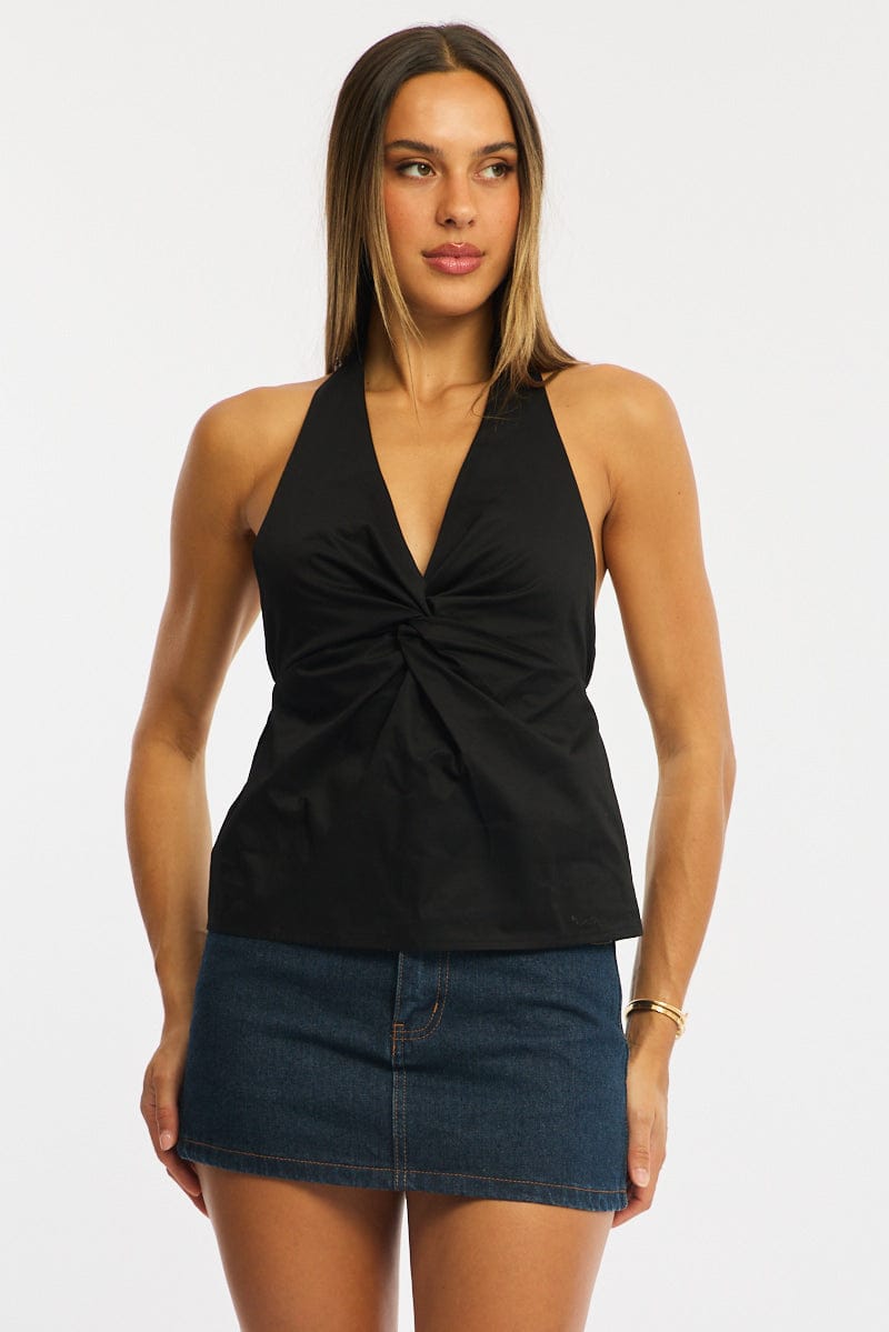 Black Twist Halter Top Sleeveless Cotton Poplin for Ally Fashion