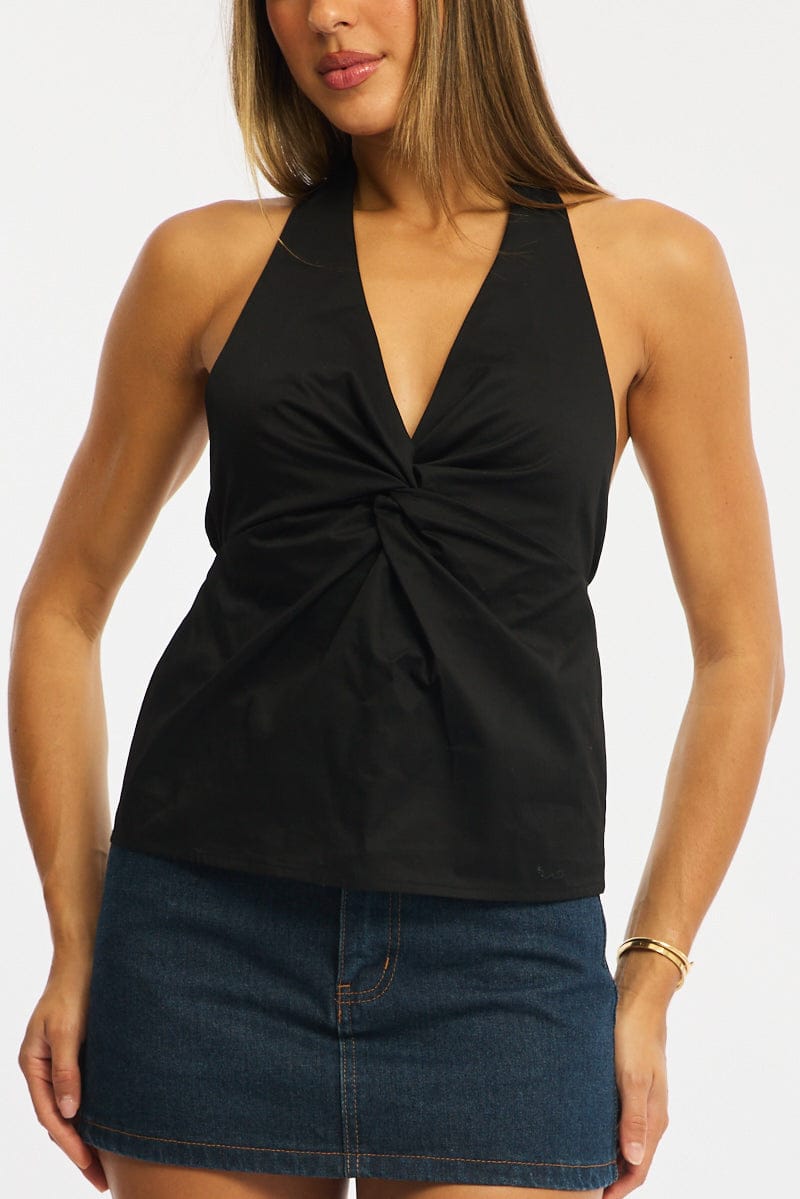 Black Twist Halter Top Sleeveless Cotton Poplin for Ally Fashion