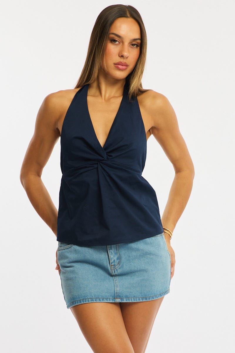 Blue Twist Halter Top Sleeveless Cotton Poplin for Ally Fashion