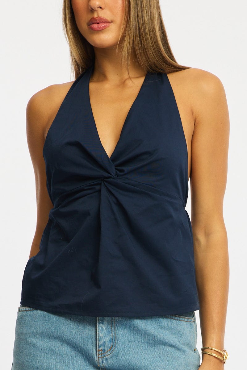 Blue Twist Halter Top Sleeveless Cotton Poplin for Ally Fashion