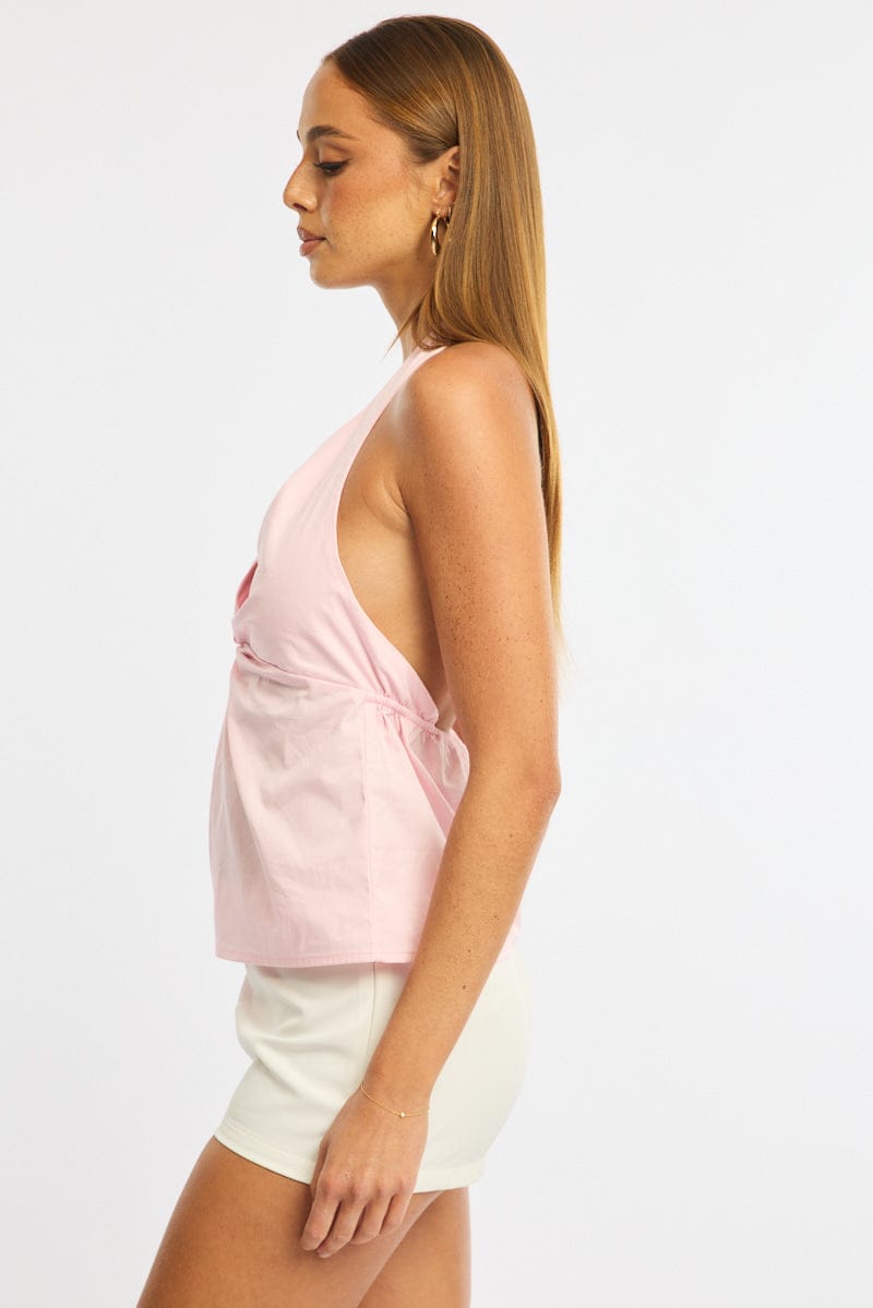 Pink Twist Halter Top Sleeveless Cotton Poplin for Ally Fashion