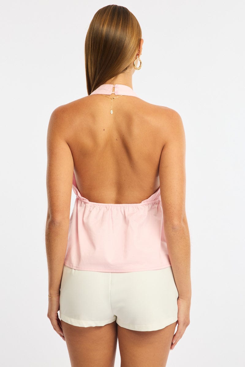 Pink Twist Halter Top Sleeveless Cotton Poplin for Ally Fashion