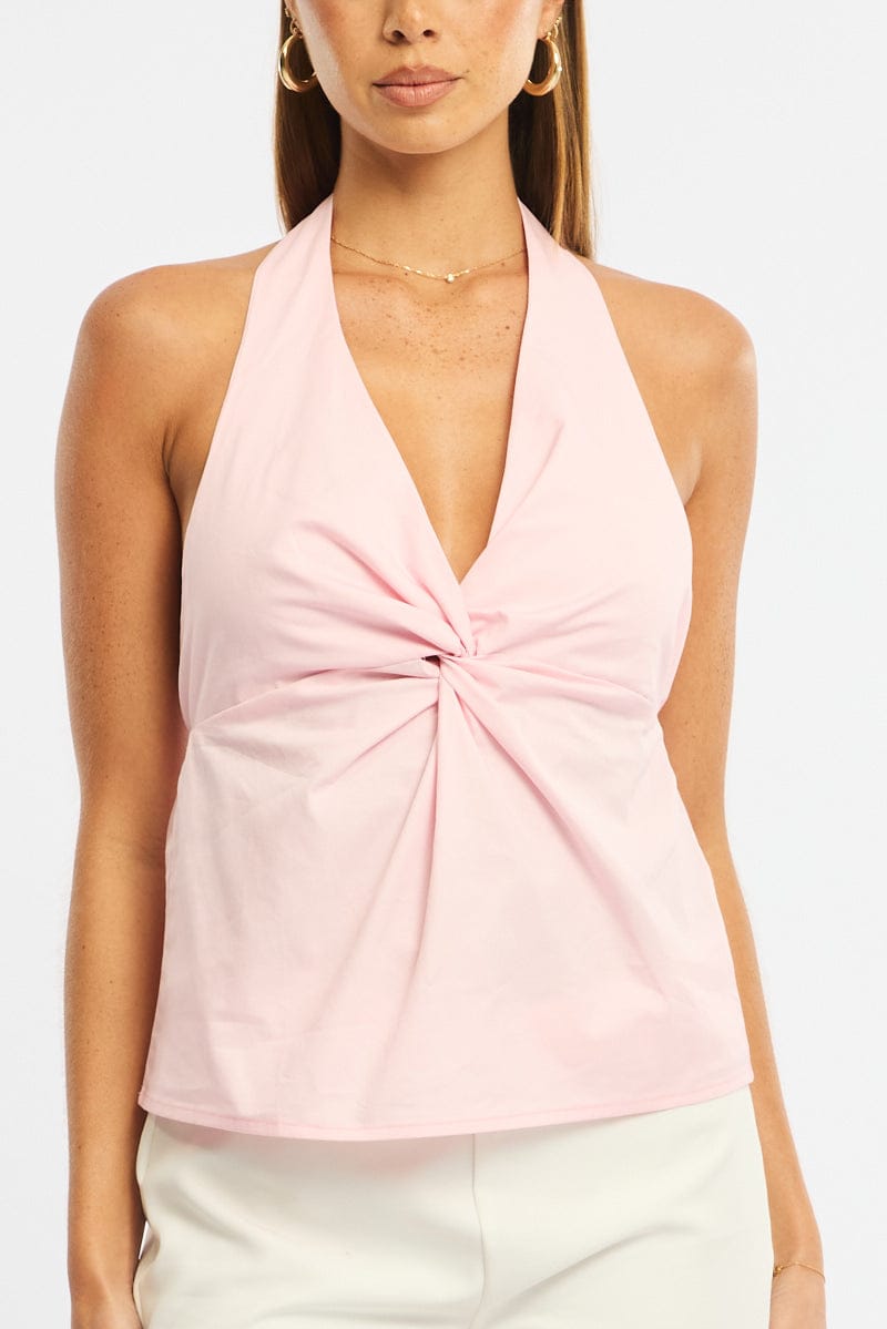 Pink Twist Halter Top Sleeveless Cotton Poplin for Ally Fashion