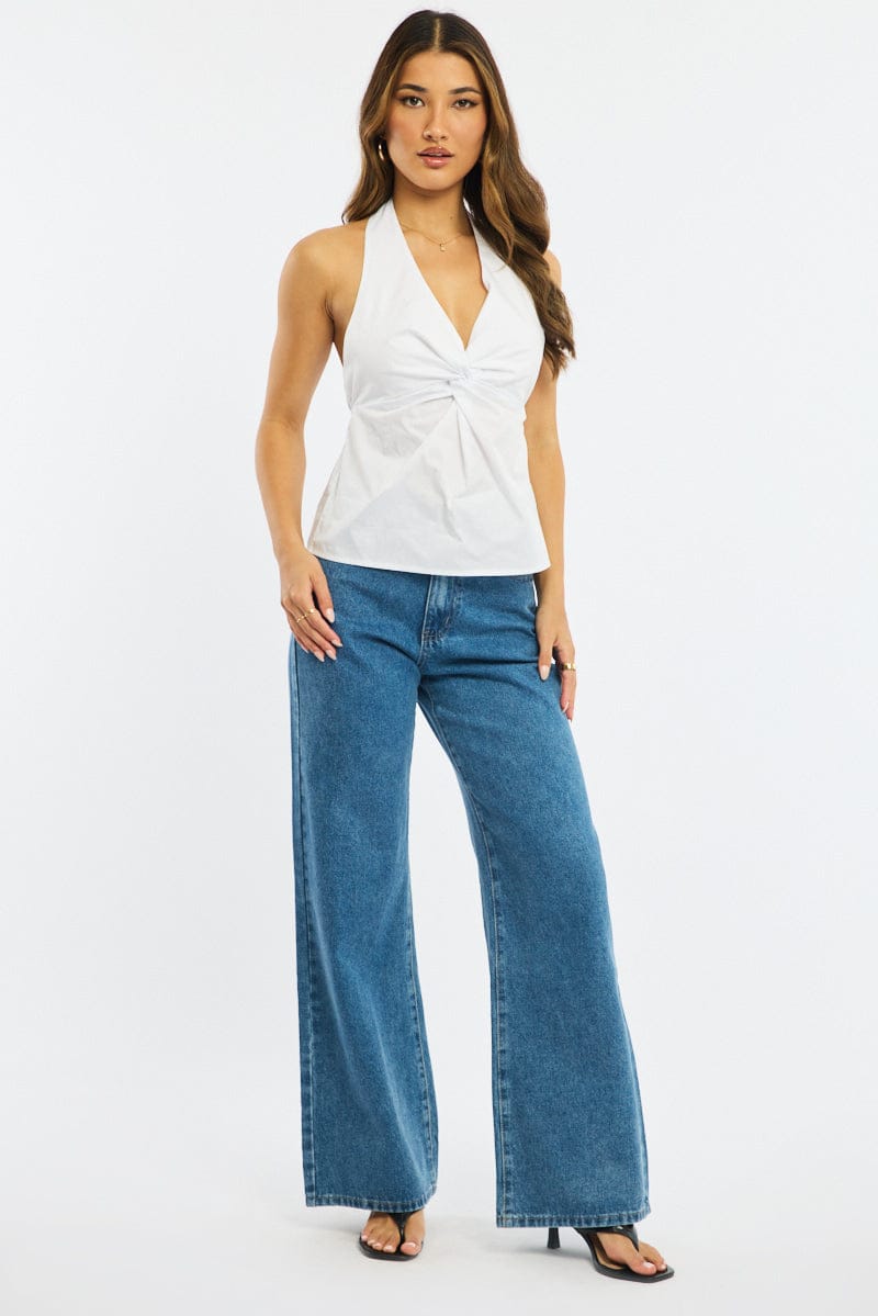 White Twist Halter Top Sleeveless Cotton Poplin for Ally Fashion