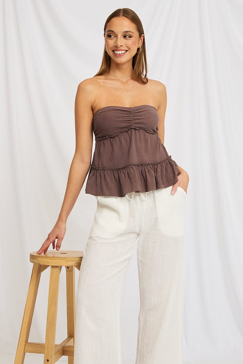 Brown Bandeau Top Sleeveless Strapless Babydoll for Ally Fashion