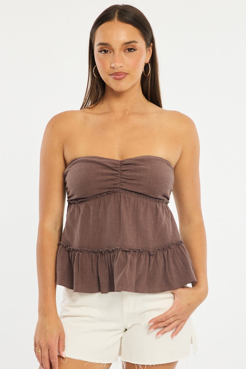 Brown Bandeau Top Sleeveless Strapless Babydoll for Ally Fashion