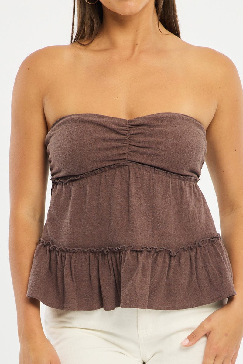 Brown Bandeau Top Sleeveless Strapless Babydoll for Ally Fashion