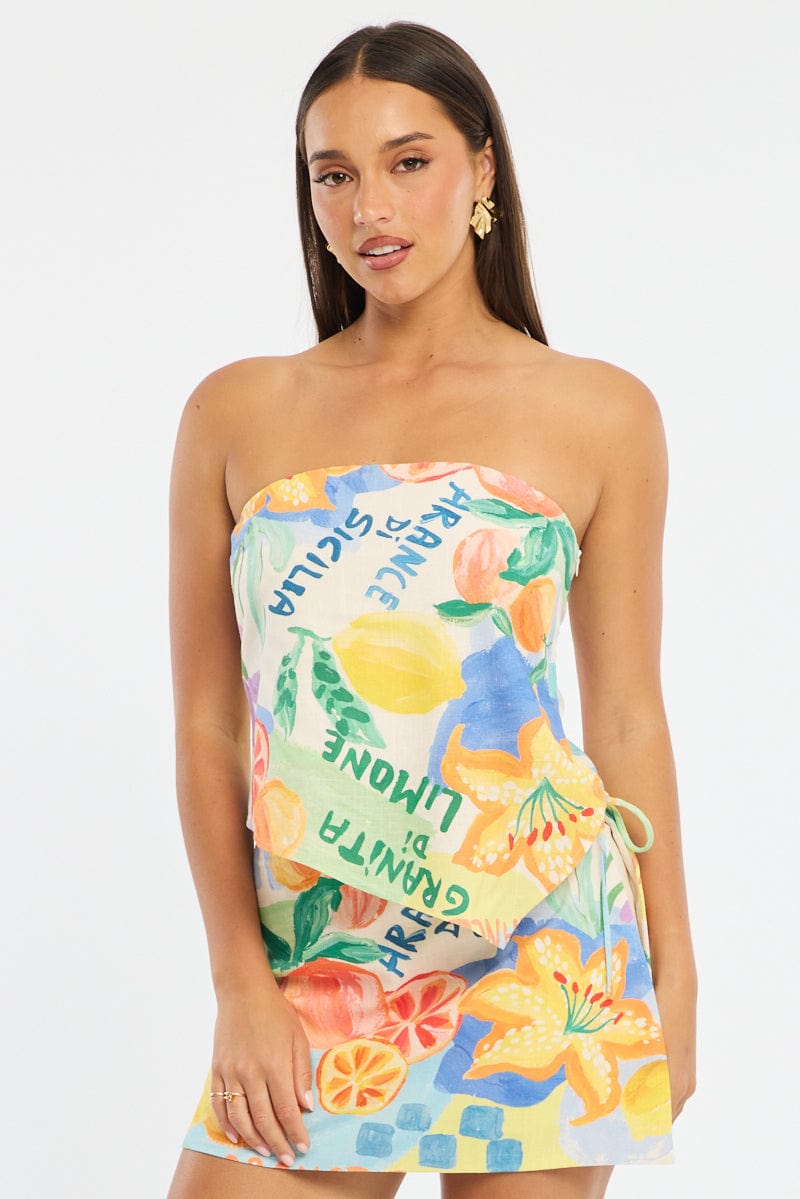 Multi Abstract Scarf Bandeau Top Sleeveless Strapless Linen Blend for Ally Fashion