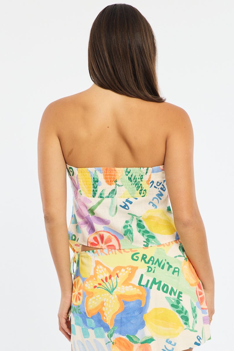 Multi Abstract Scarf Bandeau Top Sleeveless Strapless Linen Blend for Ally Fashion
