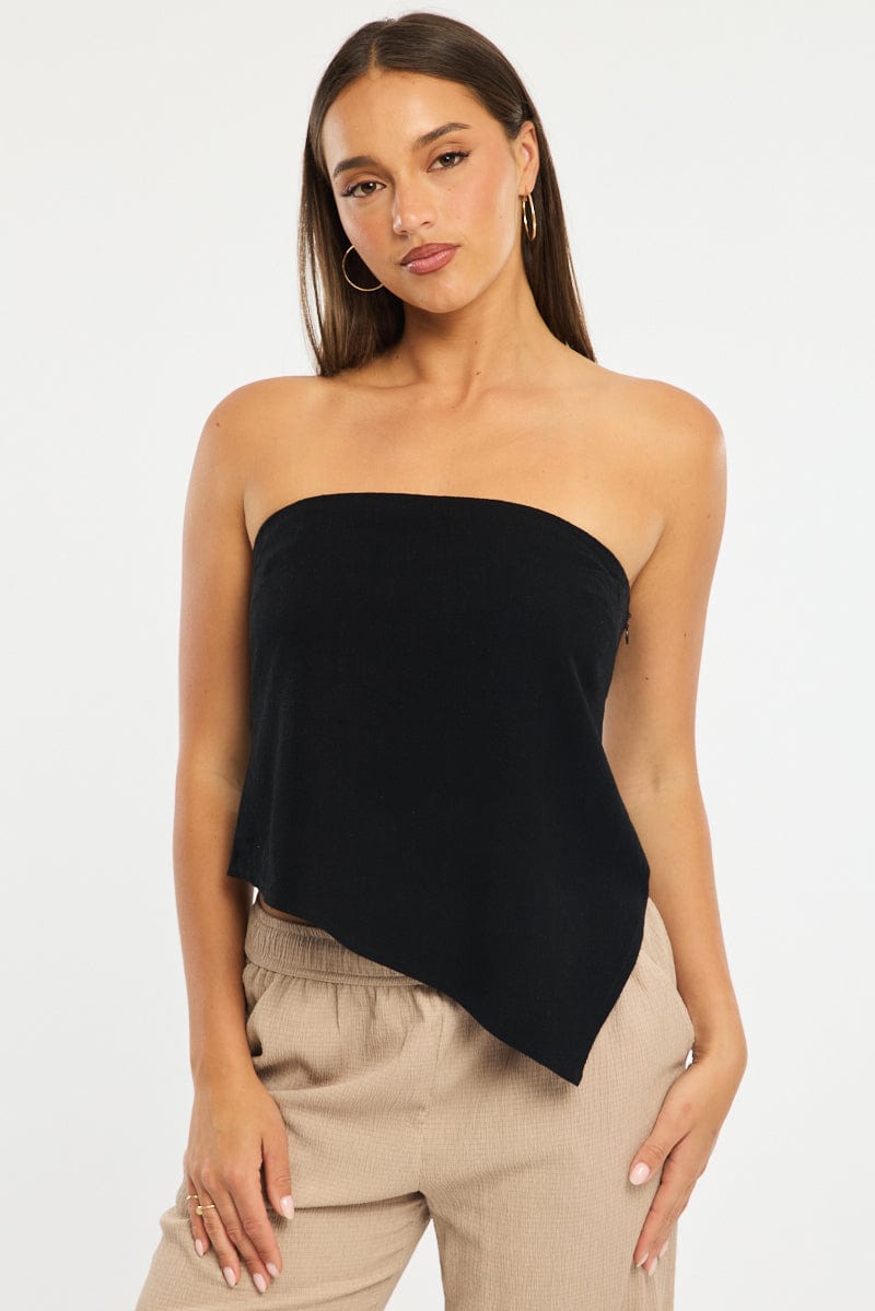 Black Abstract Scarf Bandeau Top Sleeveless Strapless Linen Blend for Ally Fashion