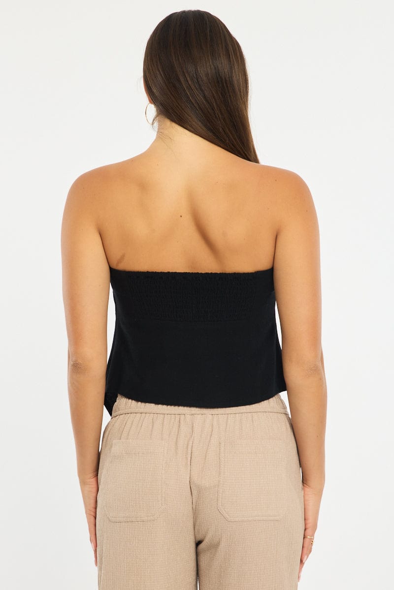 Black Abstract Scarf Bandeau Top Sleeveless Strapless Linen Blend for Ally Fashion