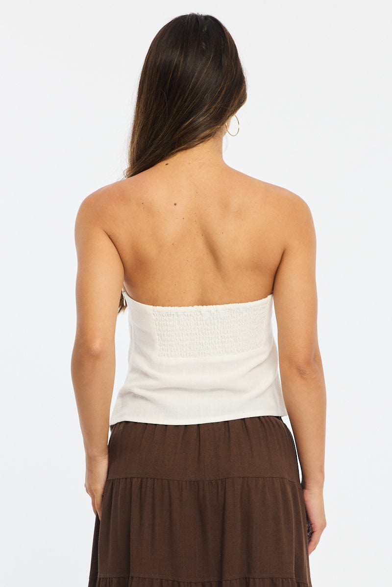 White Abstract Scarf Bandeau Top Sleeveless Strapless Linen Blend for Ally Fashion