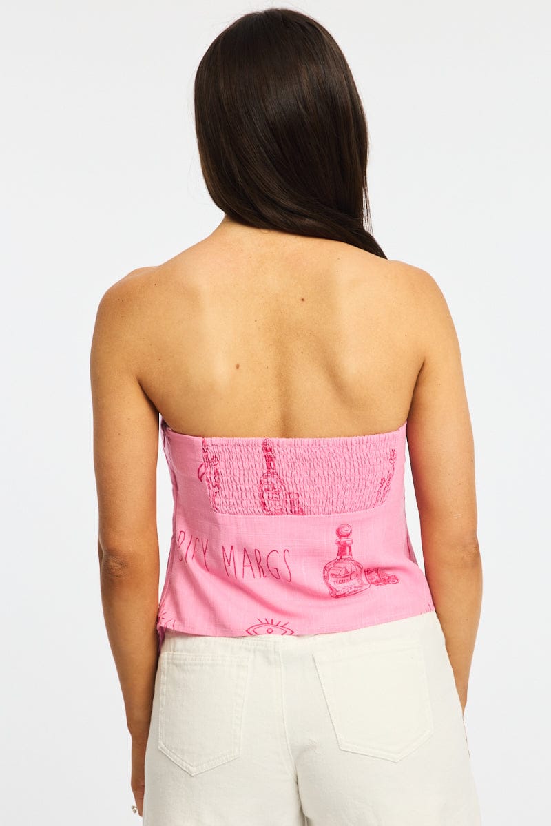 Pink Abstract Scarf Bandeau Top Sleeveless Strapless Linen Blend for Ally Fashion