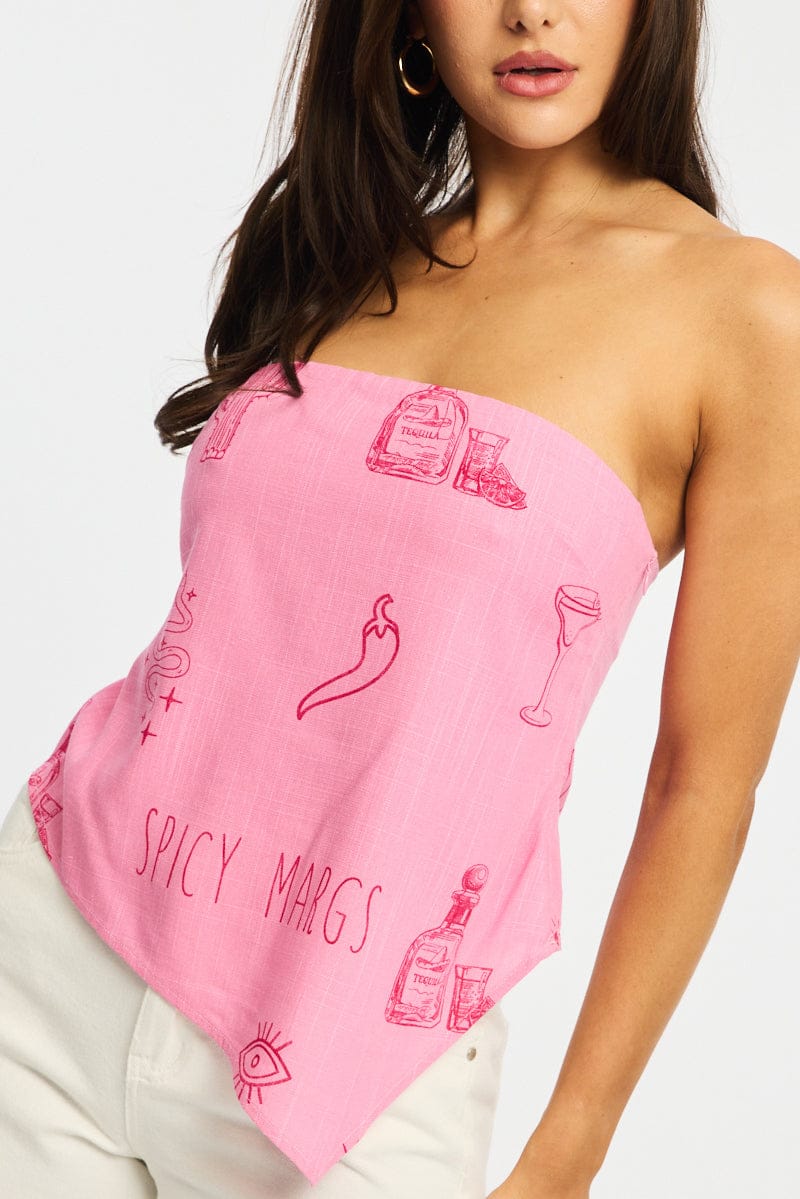 Pink Abstract Scarf Bandeau Top Sleeveless Strapless Linen Blend for Ally Fashion