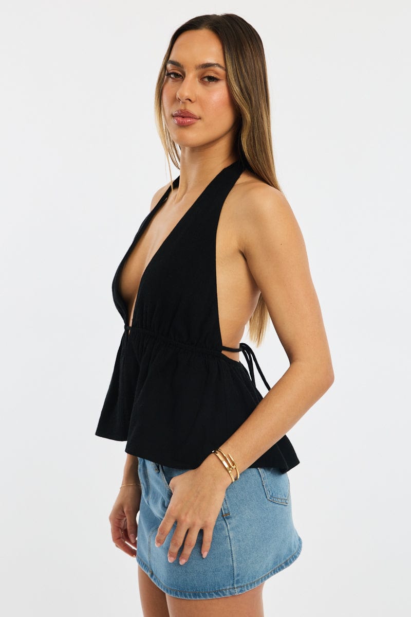 Black Halter Top Sleeveless V-neck Linen Blend for Ally Fashion