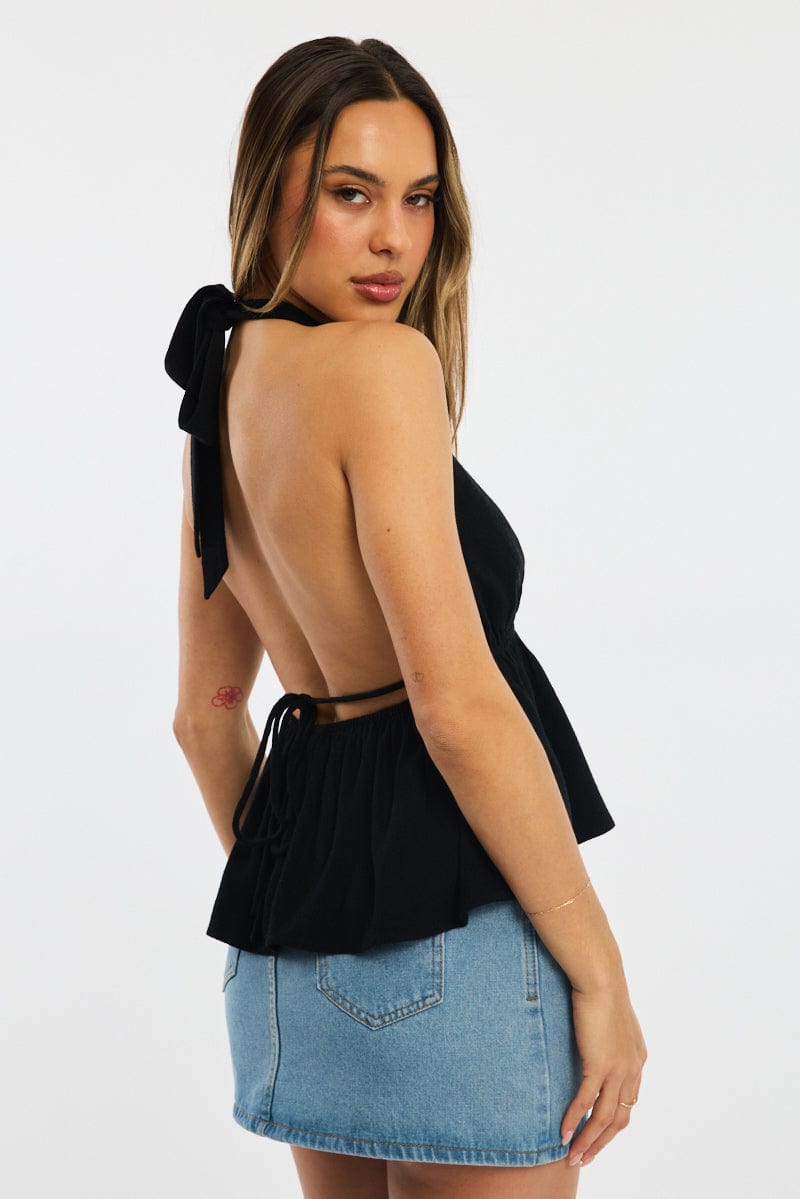 Black Halter Top Sleeveless V-neck Linen Blend for Ally Fashion