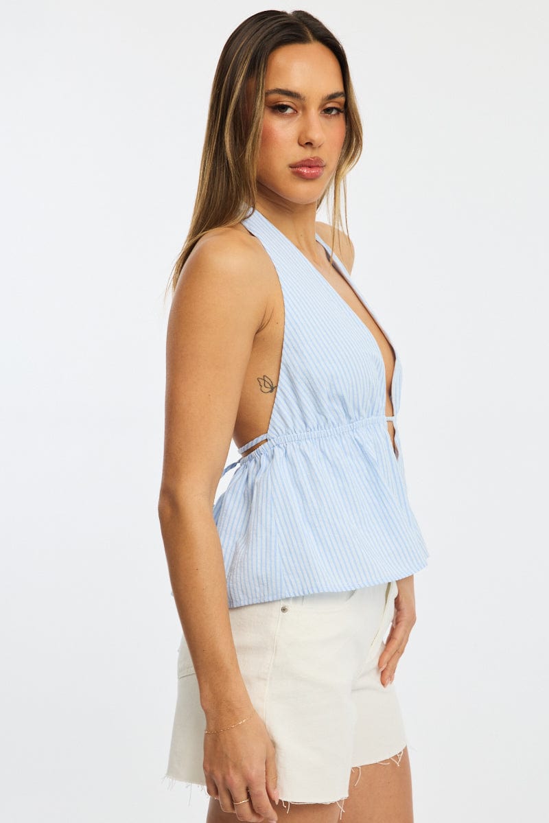 Blue Stripe Halter Top Sleeveless V-neck Babydoll for Ally Fashion