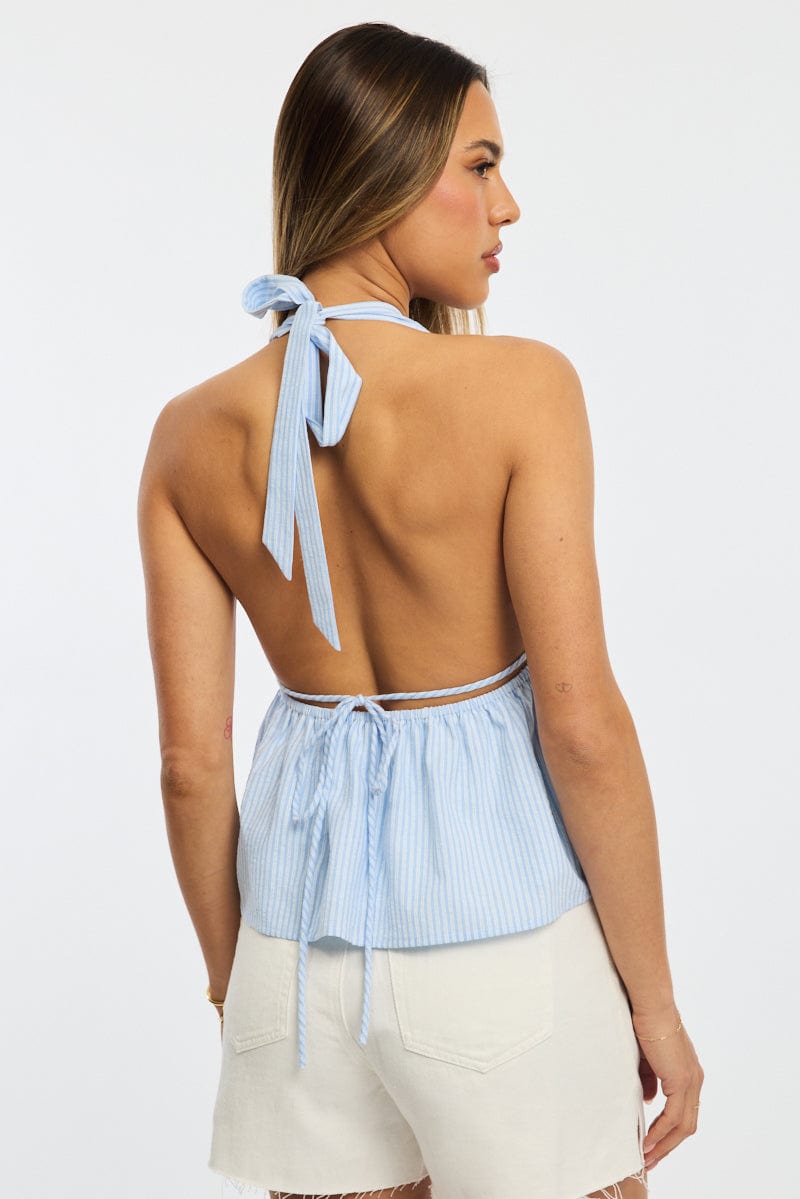 Blue Stripe Halter Top Sleeveless V-neck Babydoll for Ally Fashion