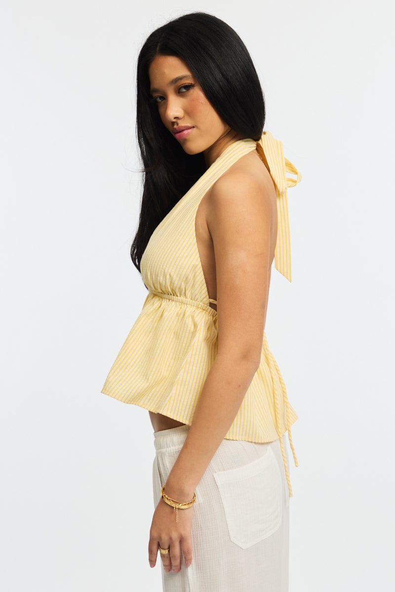 Yellow Stripe Halter Top Sleeveless V-neck Babydoll for Ally Fashion