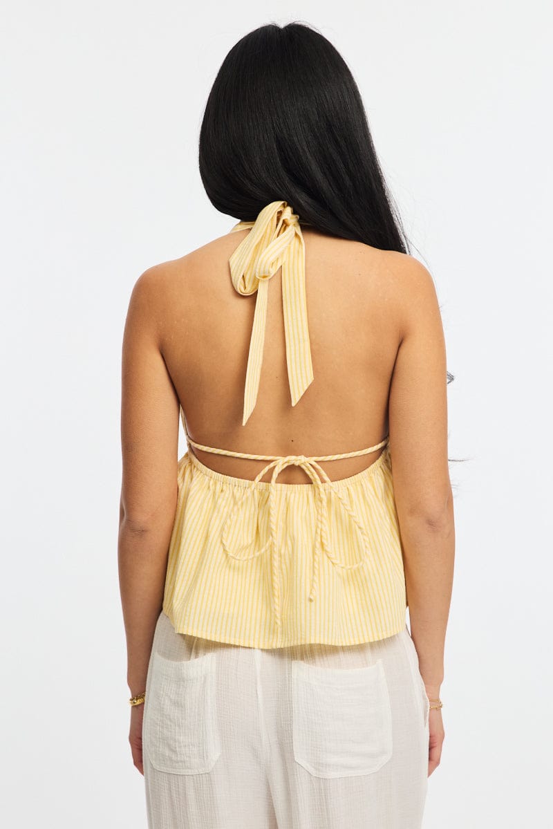Yellow Stripe Halter Top Sleeveless V-neck Babydoll for Ally Fashion