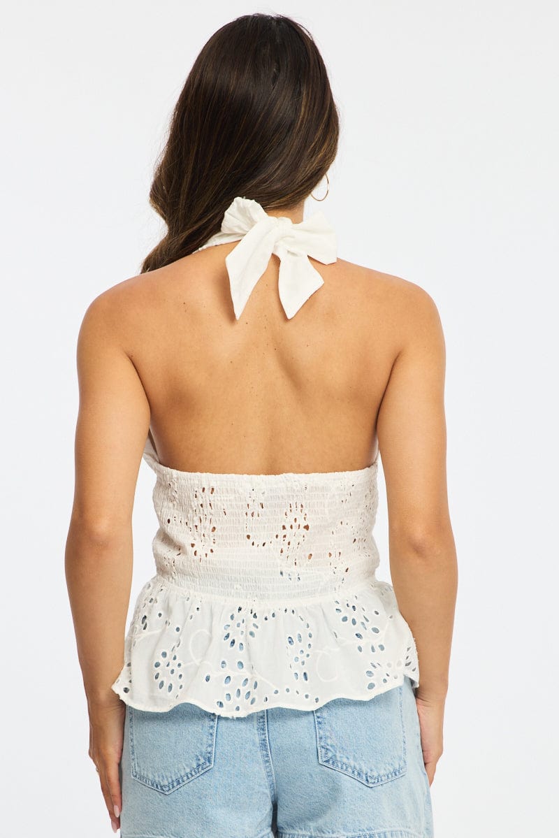 White Halter Eyelet Top Sleeveless Gathered for Ally Fashion