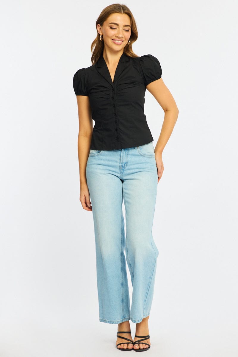 Black Shirt Short Sleeves Collared Tie Back for Ally Fashion