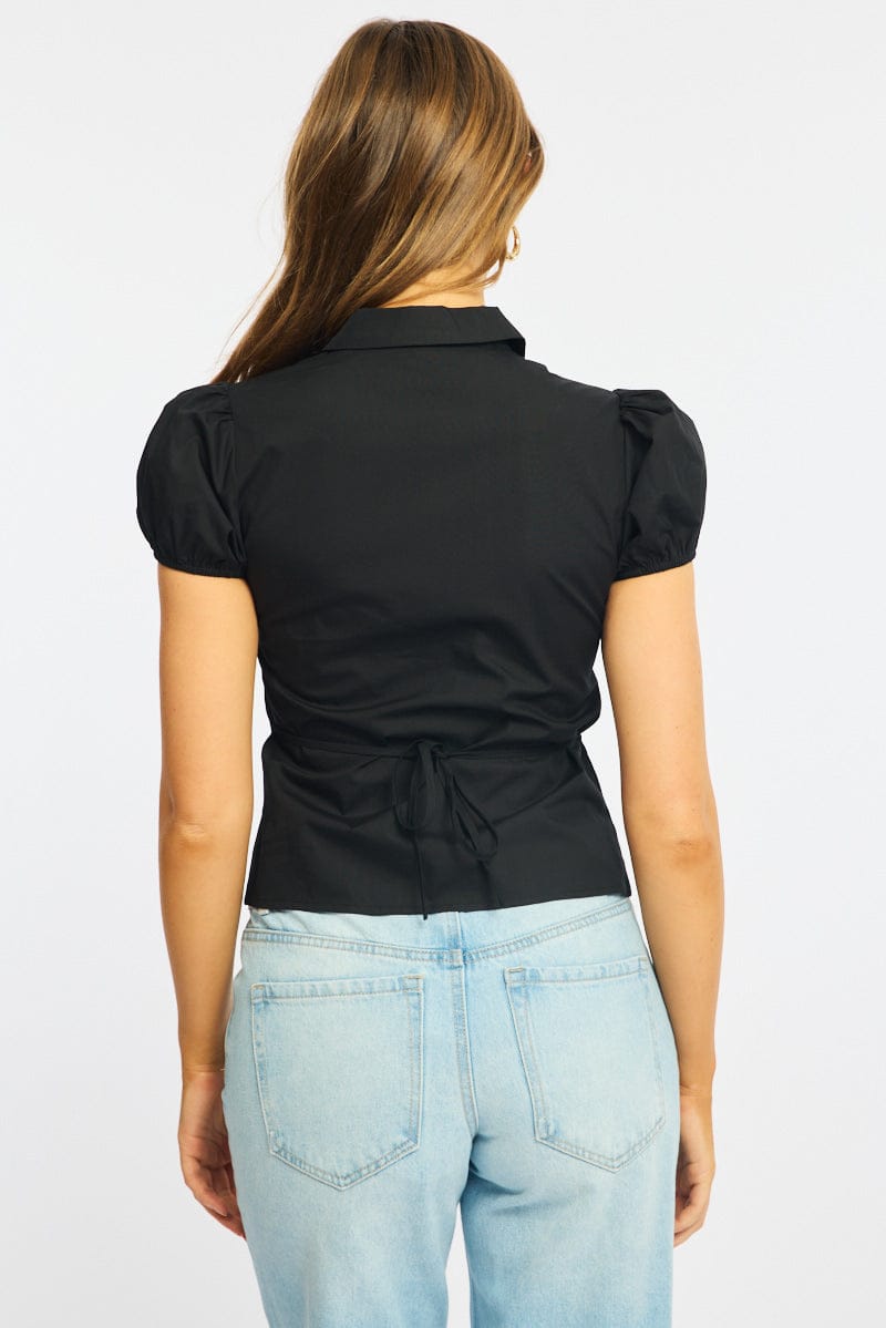 Black Shirt Short Sleeves Collared Tie Back for Ally Fashion
